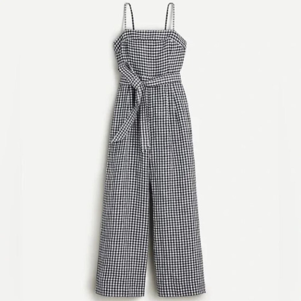 J.Crew Tie-waist linen jumpsuit in gingham Navy White